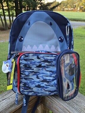 Kids Shark Backpack with Lunch Bag, Keychain and Pencil Case - Blue Camo